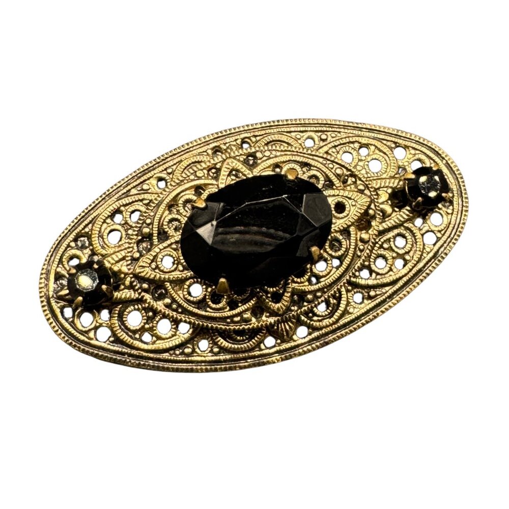 Vintage Brooch Gold Tone Black Stones Mourning-look
